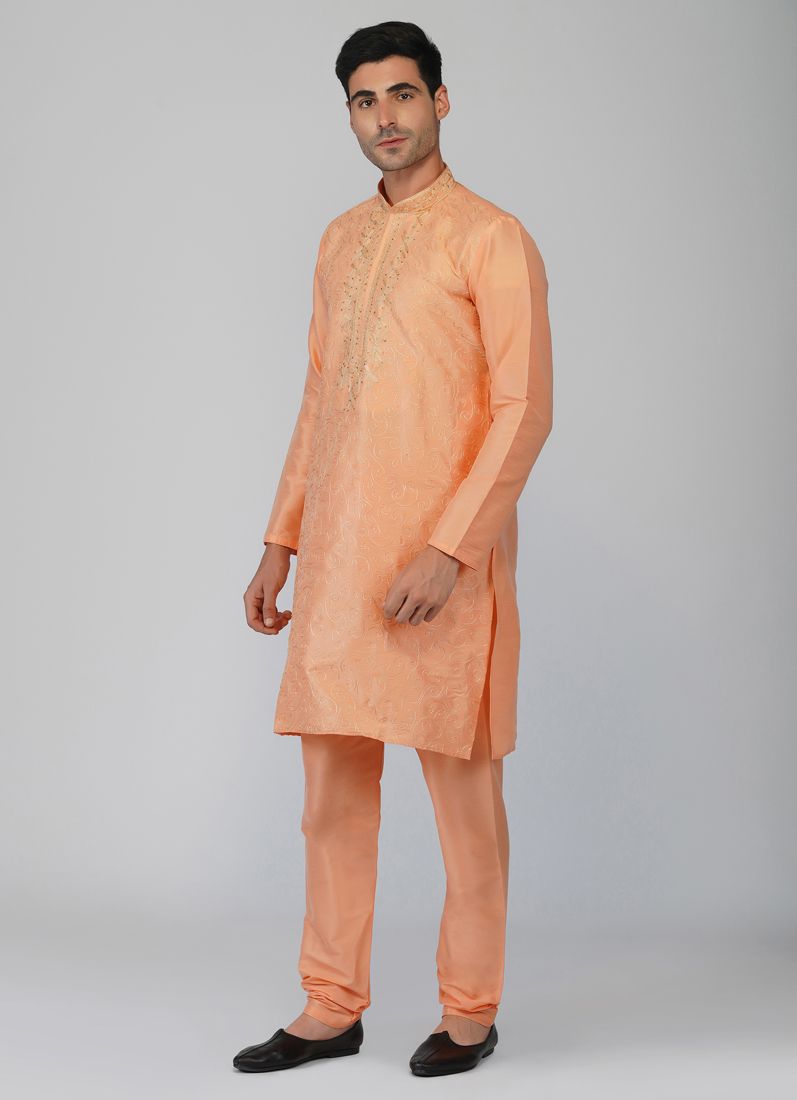 Buy Peach Jaal Embroidered Kurta Churidaar Set
