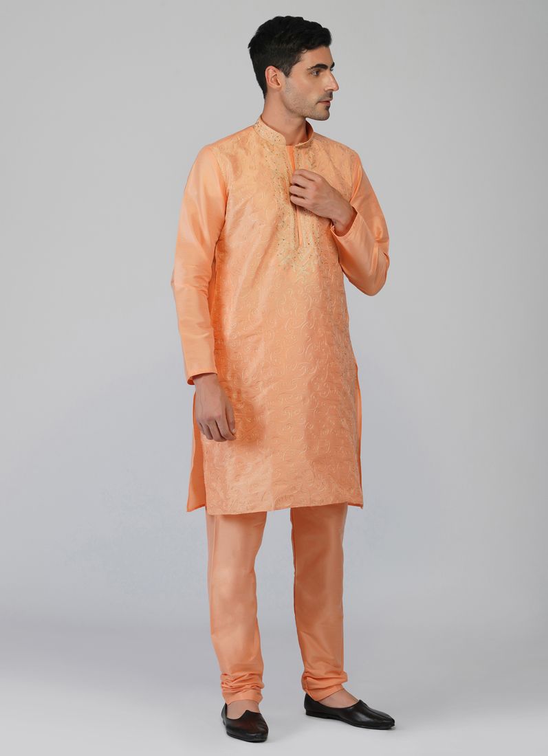 Buy Peach Jaal Embroidered Kurta Churidaar Set
