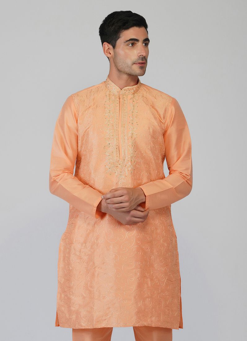 Buy Peach Jaal Embroidered Kurta Churidaar Set