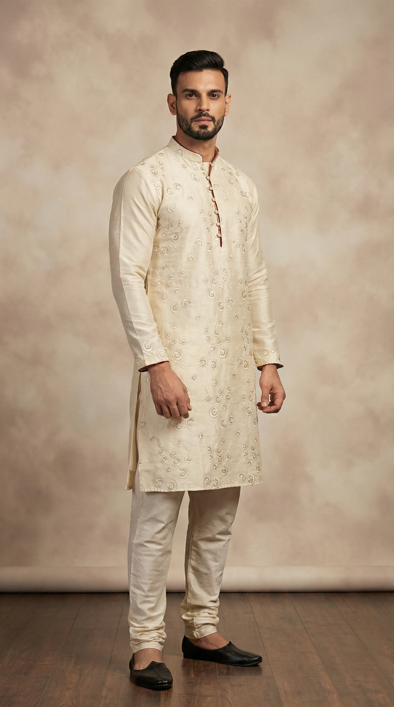 Cream Embroidered Kurta Churidaar Set