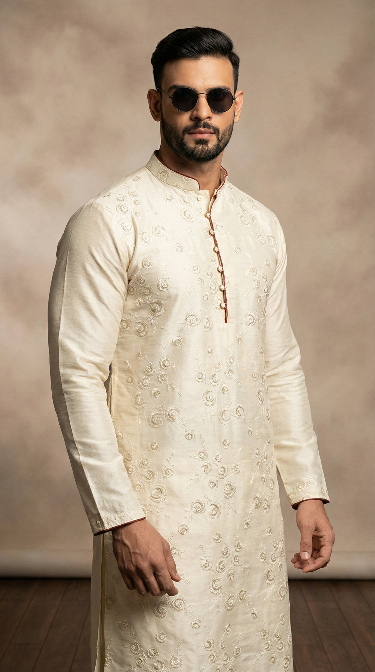 Cream Embroidered Kurta Churidaar Set