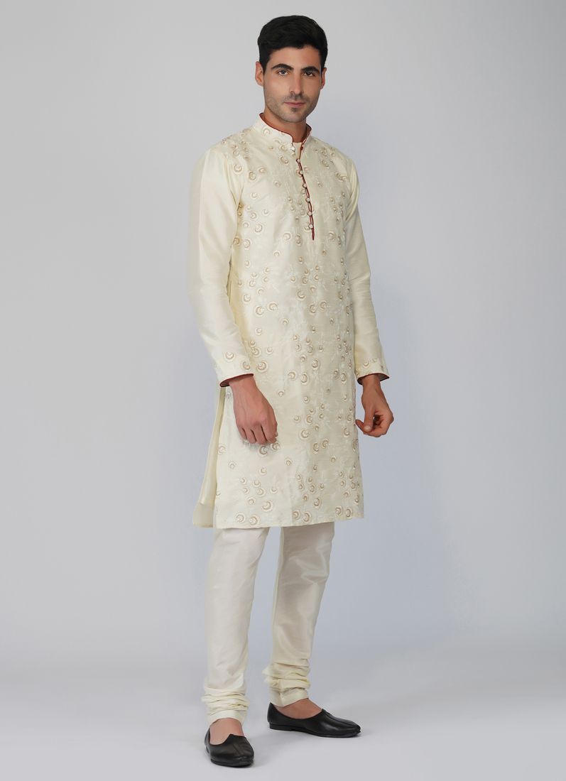 Buy Cream Embroidered Kurta Churidaar Set