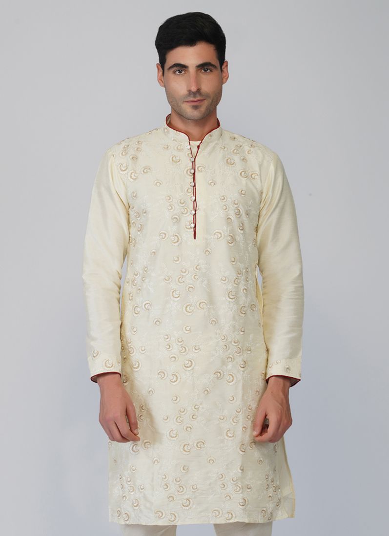 Buy Cream Embroidered Kurta Churidaar Set