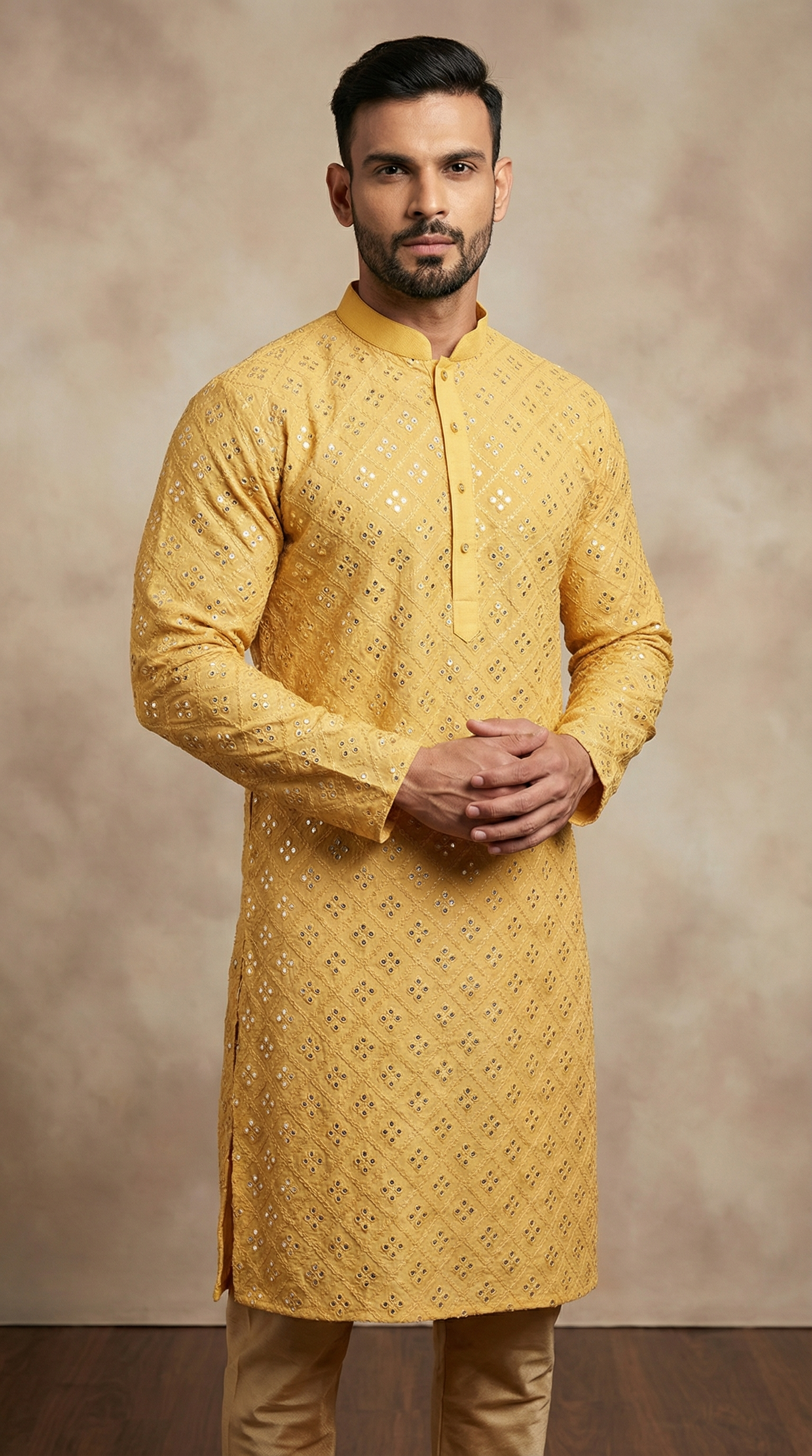 Beige Chikankari Kurta Churidaar Set