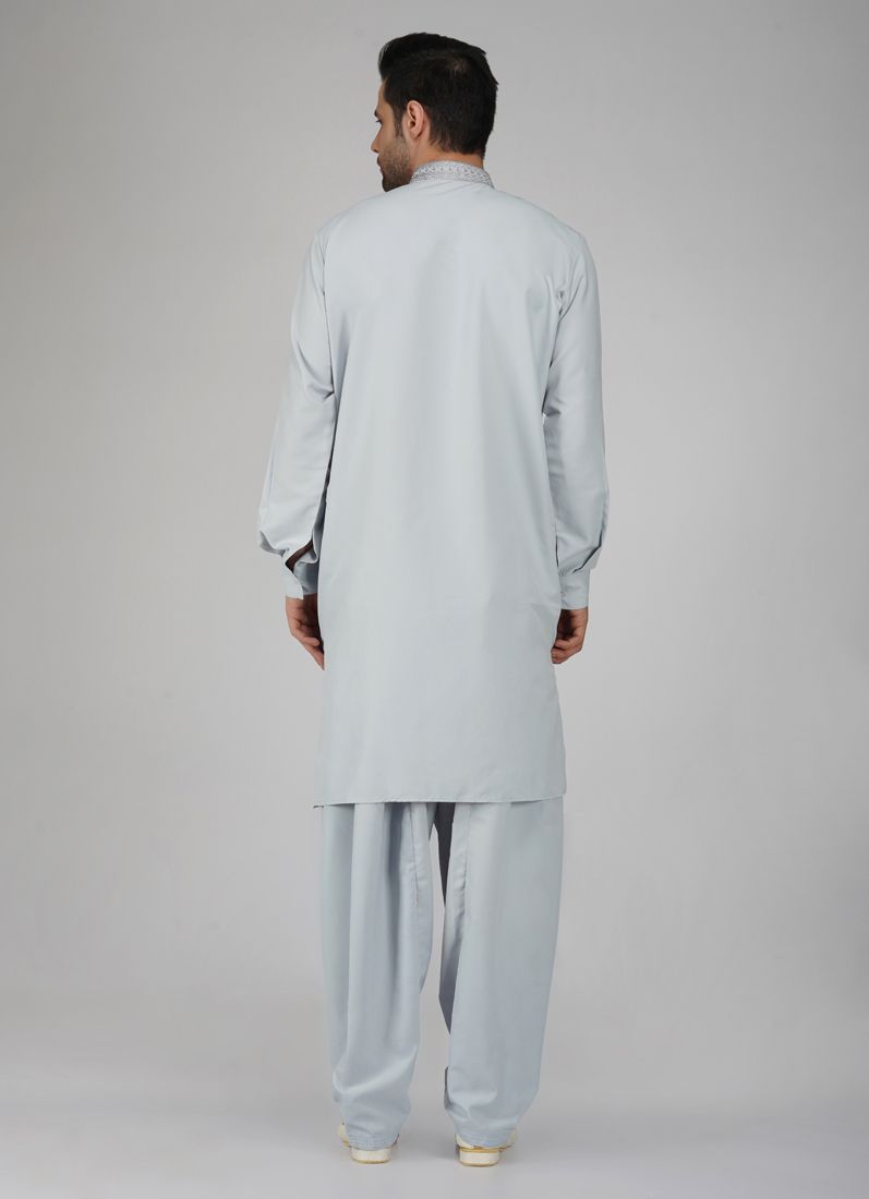 Buy Grey Polyester Embroidered Mens Kurta Salwar Set