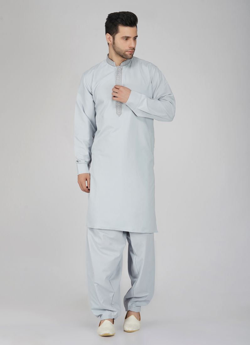 Buy Grey Polyester Embroidered Mens Kurta Salwar Set