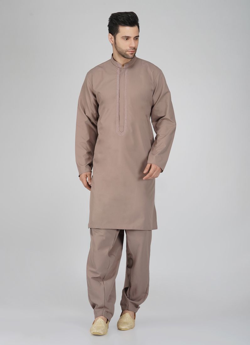 Buy Men's Brown Embroidered Salwar Kameez Set