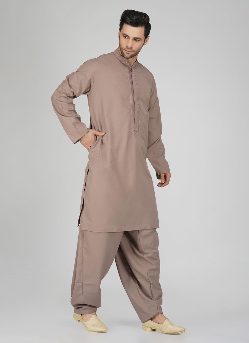 Buy Men's Brown Embroidered Salwar Kameez Set