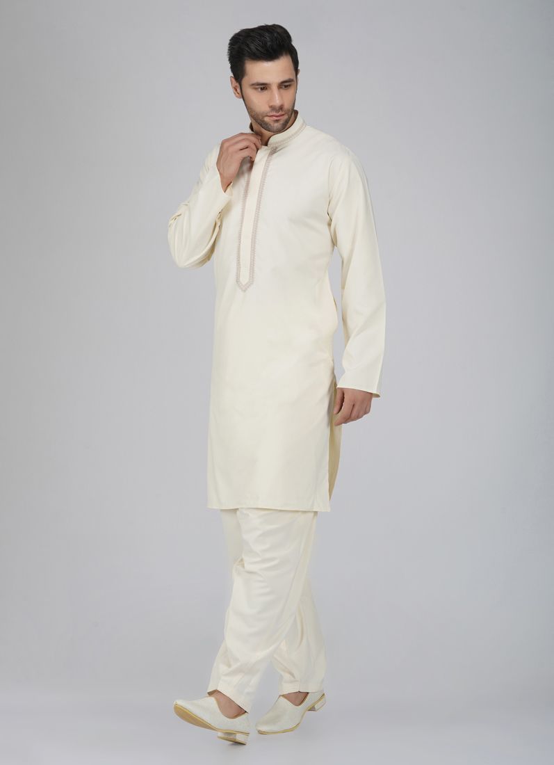 Buy Men's Cream Neck Embroidered Salwar Kameez Set