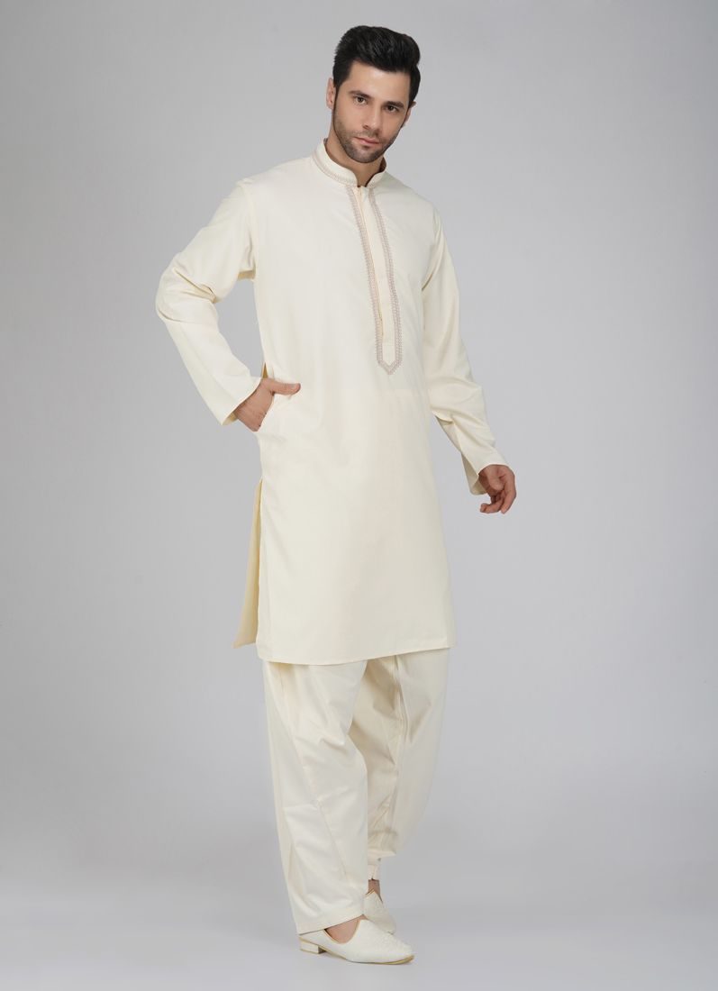Buy Men's Cream Neck Embroidered Salwar Kameez Set