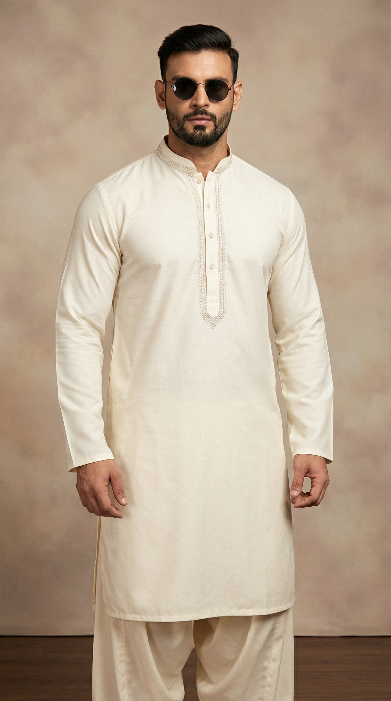 Men's Cream Neck Embroidered Salwar Kameez Set