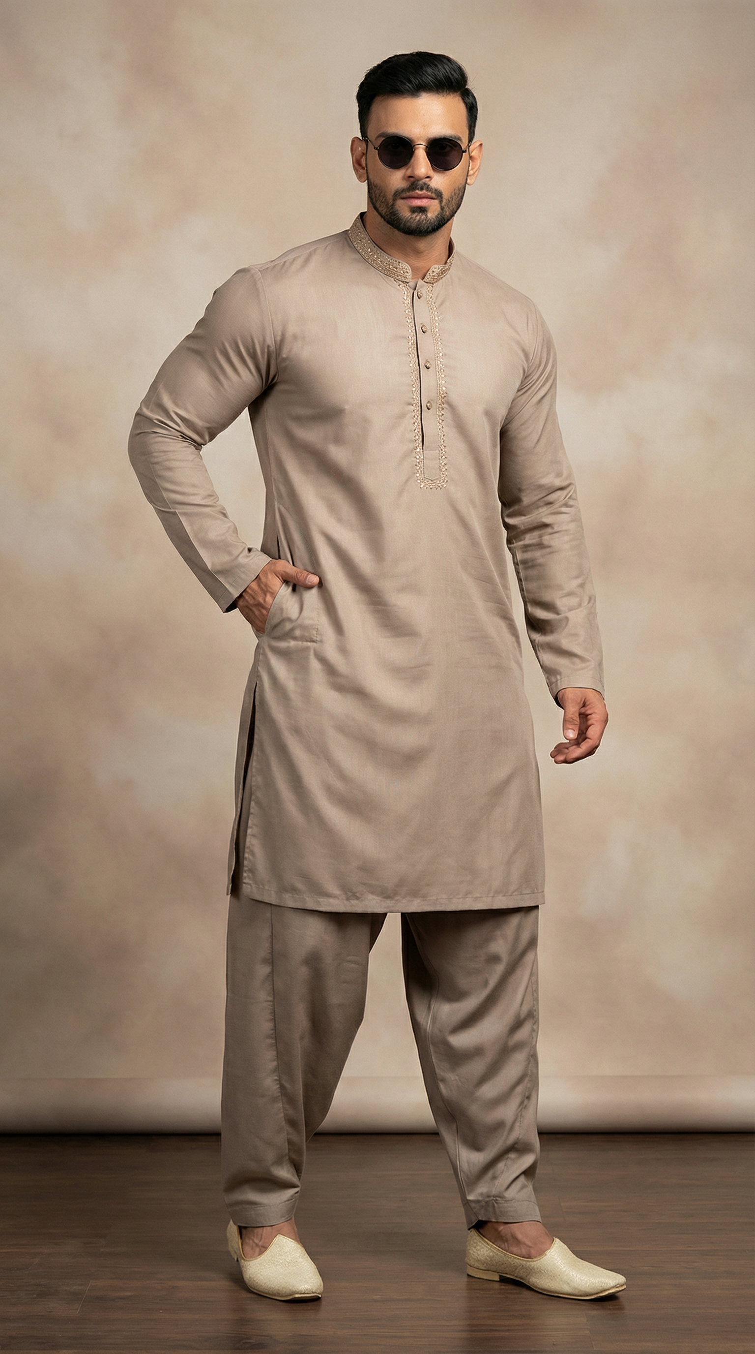 Men’s Brown Embroidered Shalwar Kameez