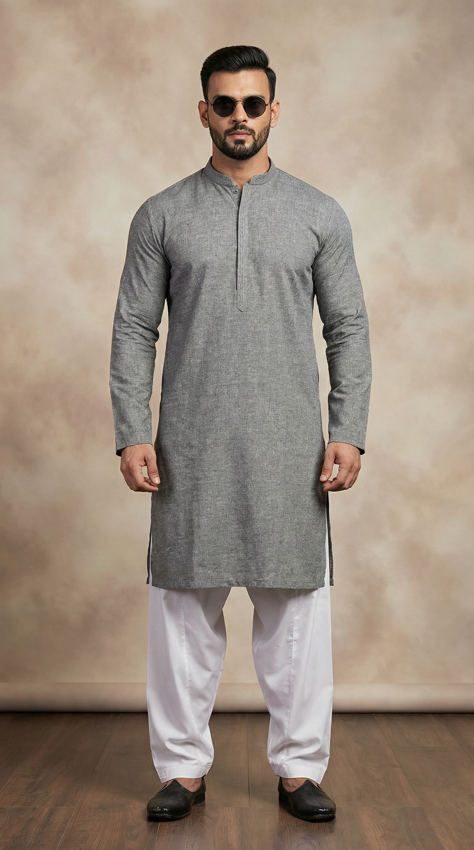 Elegnat Men's Grey Slub Salwar Kameez
