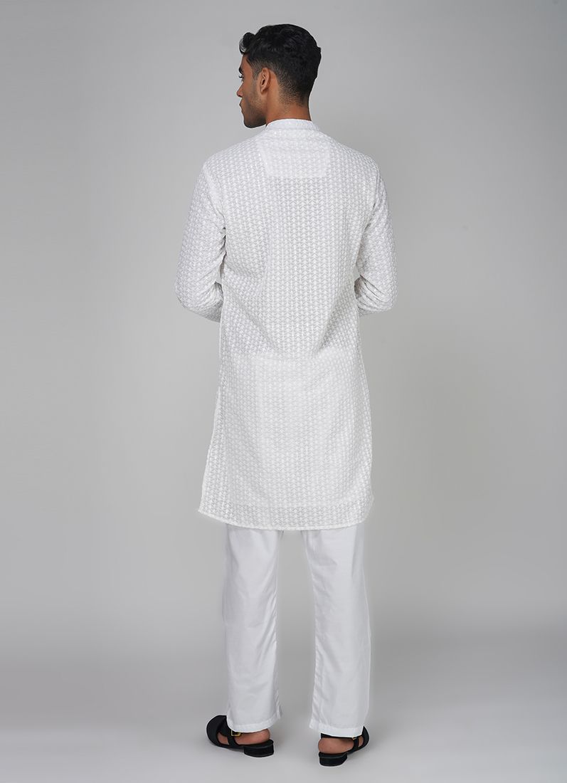 Buy Men's White Sippi Work Kurta Churidaar Set