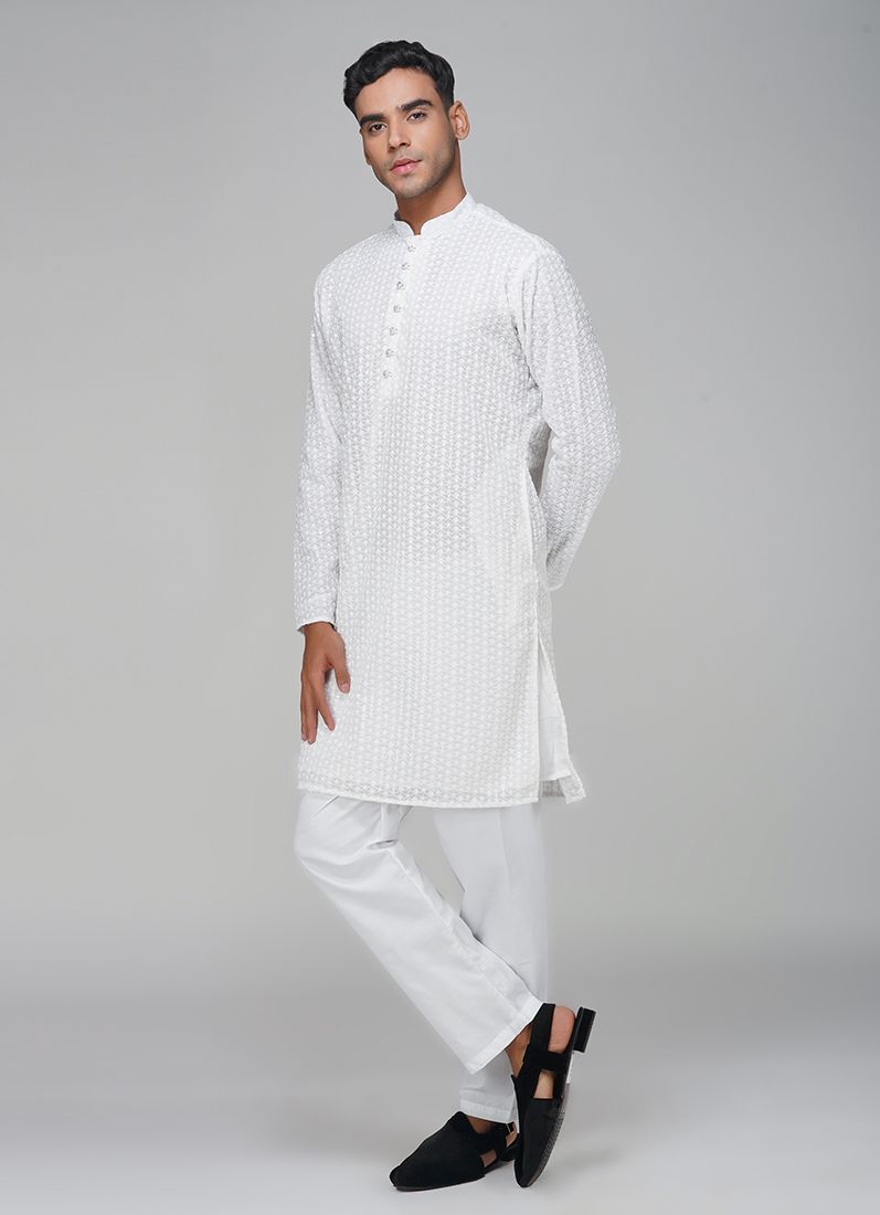 Buy Men's White Sippi Work Kurta Churidaar Set
