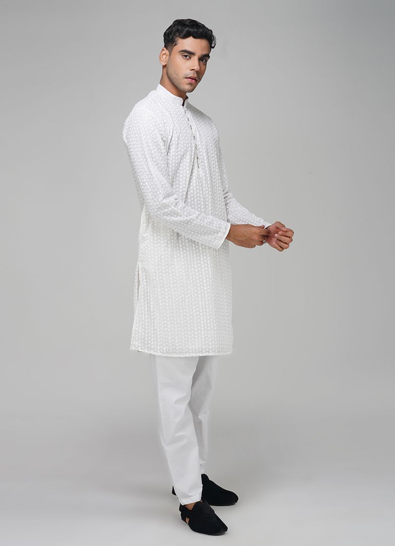 Buy Men's White Sippi Work Kurta Churidaar Set