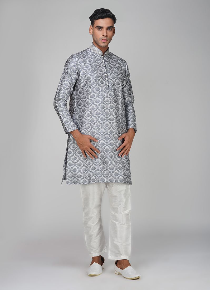 Buy Men's Grey Brocade Kurta Churidaar Set