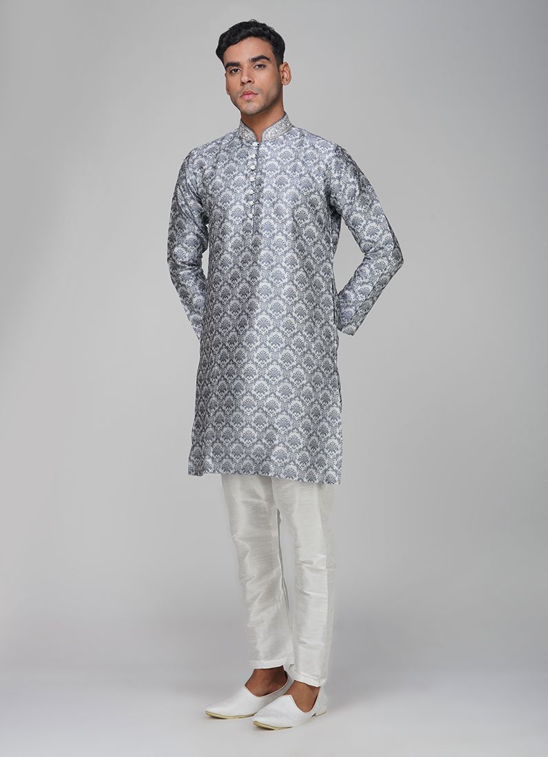 Buy Men's Grey Brocade Kurta Churidaar Set