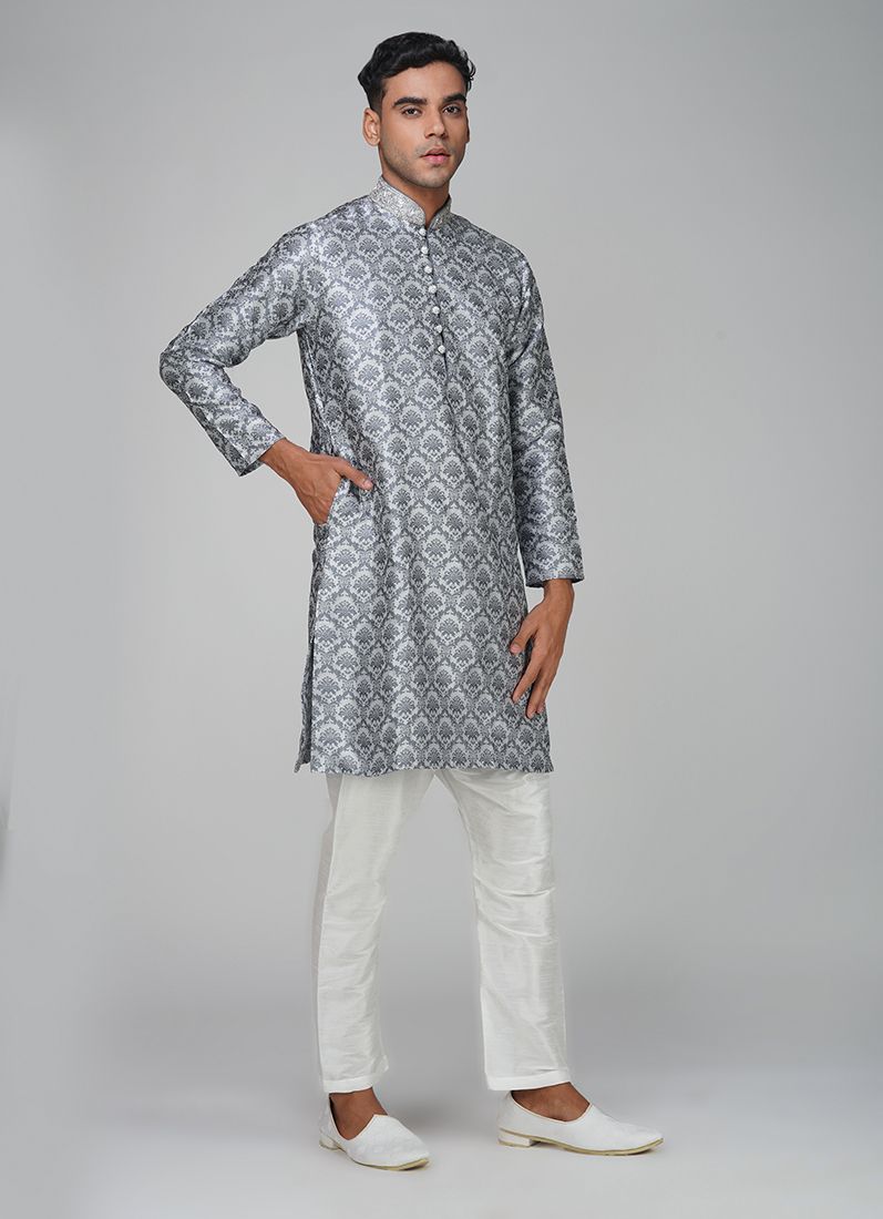 Buy Men's Grey Brocade Kurta Churidaar Set
