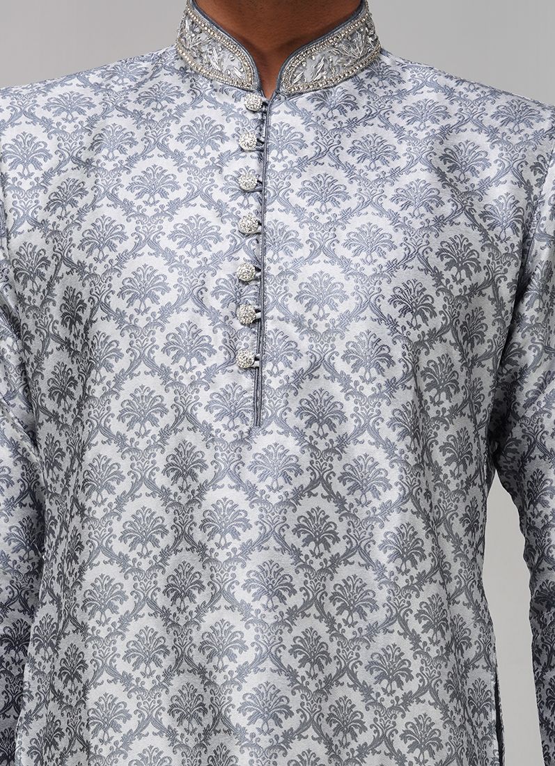 Buy Men's Grey Brocade Kurta Churidaar Set