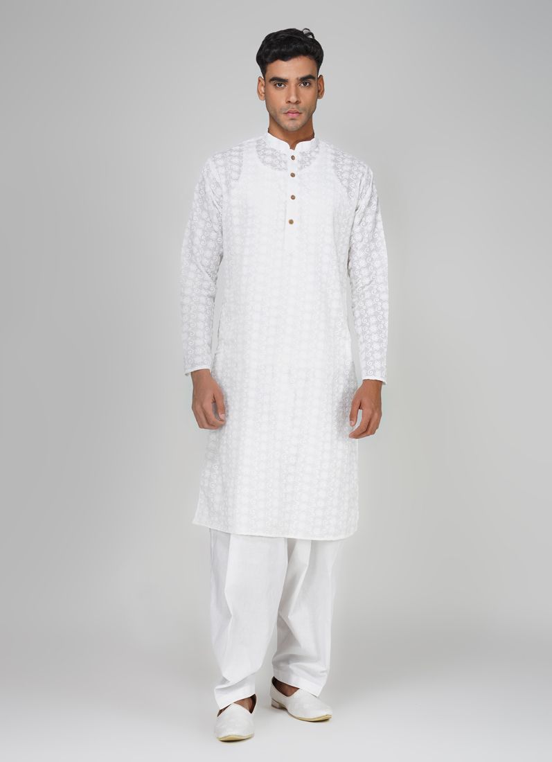 Buy Men's White Chikanakri Kurta Salwar Set