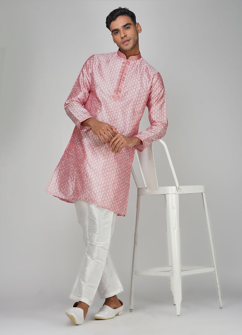 Buy Men's Pink Jacquard Kurta Set