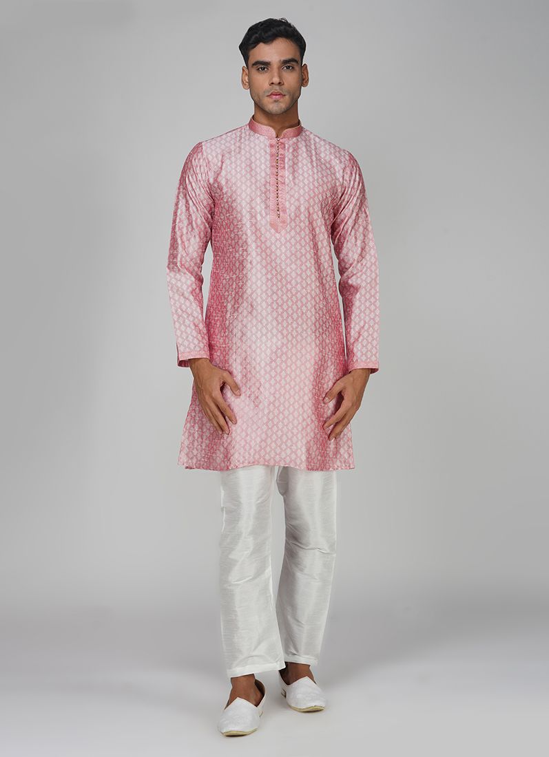 Buy Men's Pink Jacquard Kurta Set