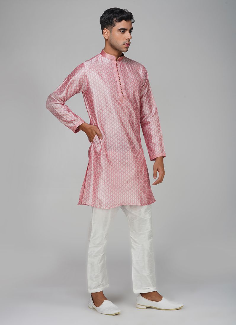 Buy Men's Pink Jacquard Kurta Set