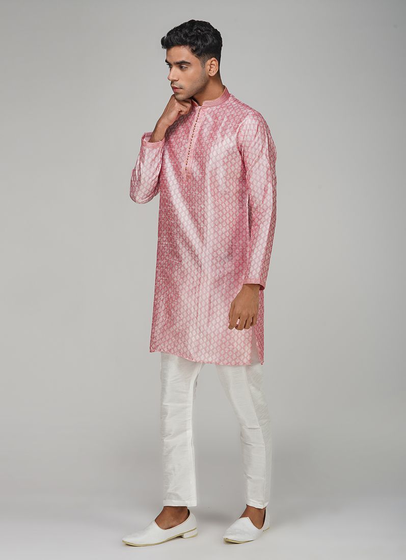 Buy Men's Pink Jacquard Kurta Set