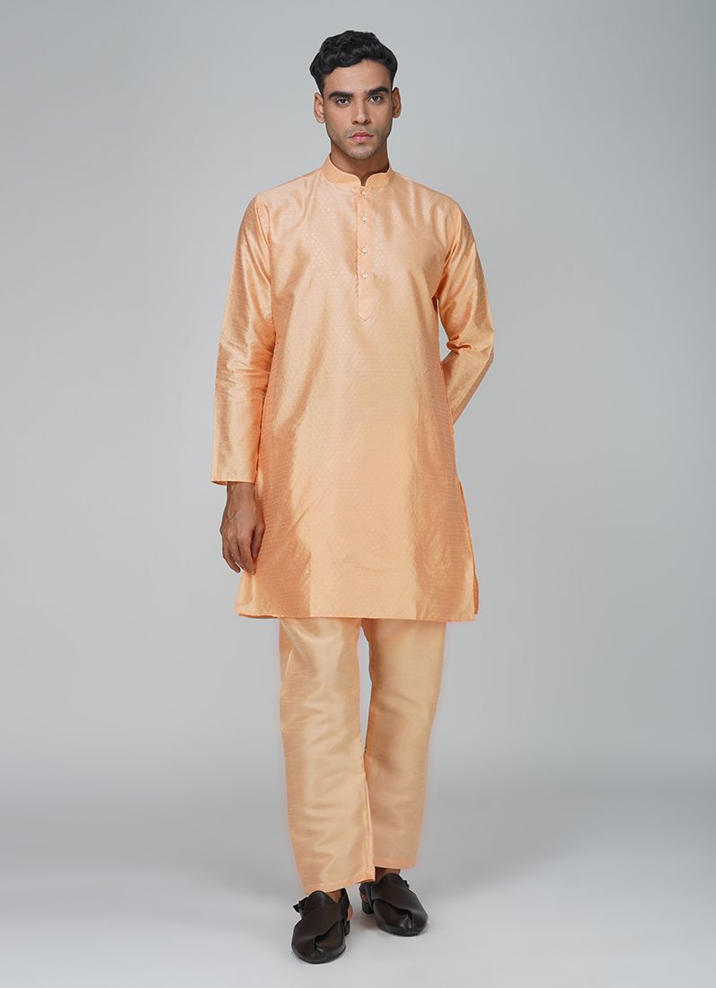 Buy Men's Peach Jacquard Kurta Set