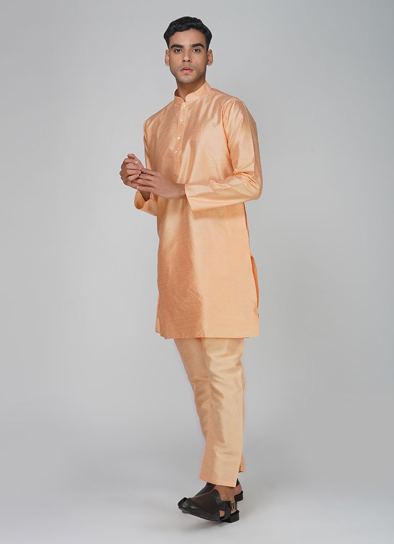 Buy Men's Peach Jacquard Kurta Set