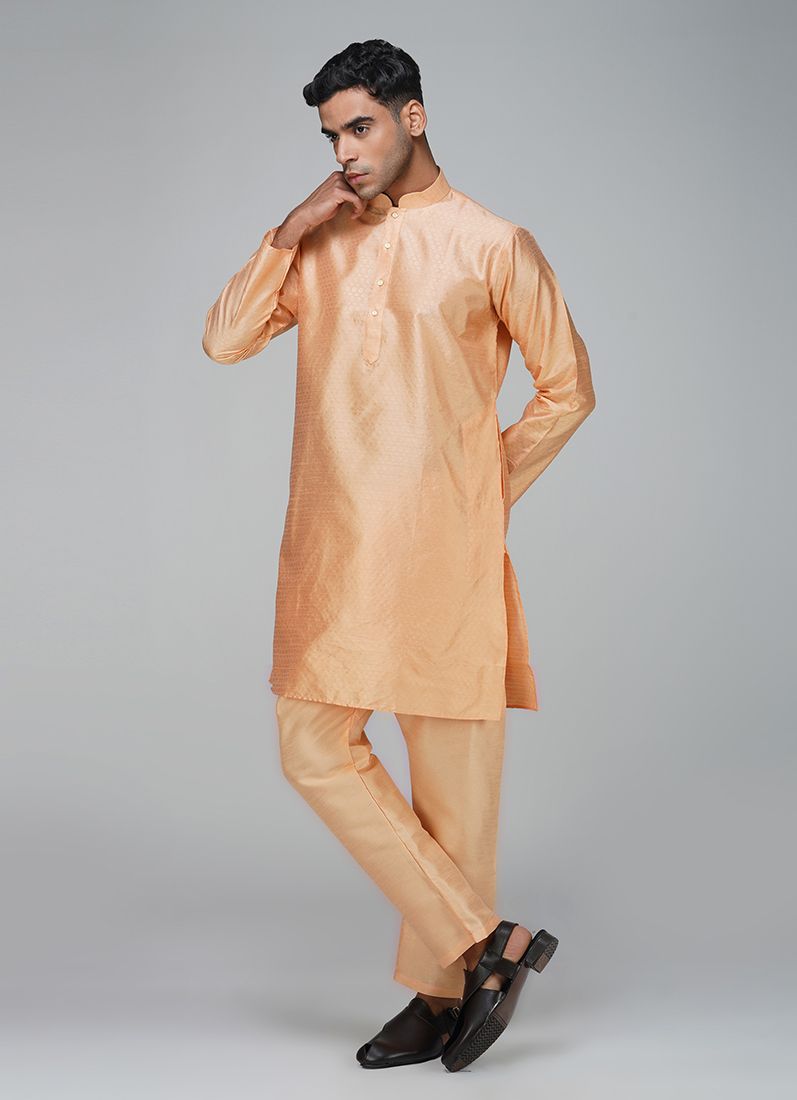 Buy Men's Peach Jacquard Kurta Set