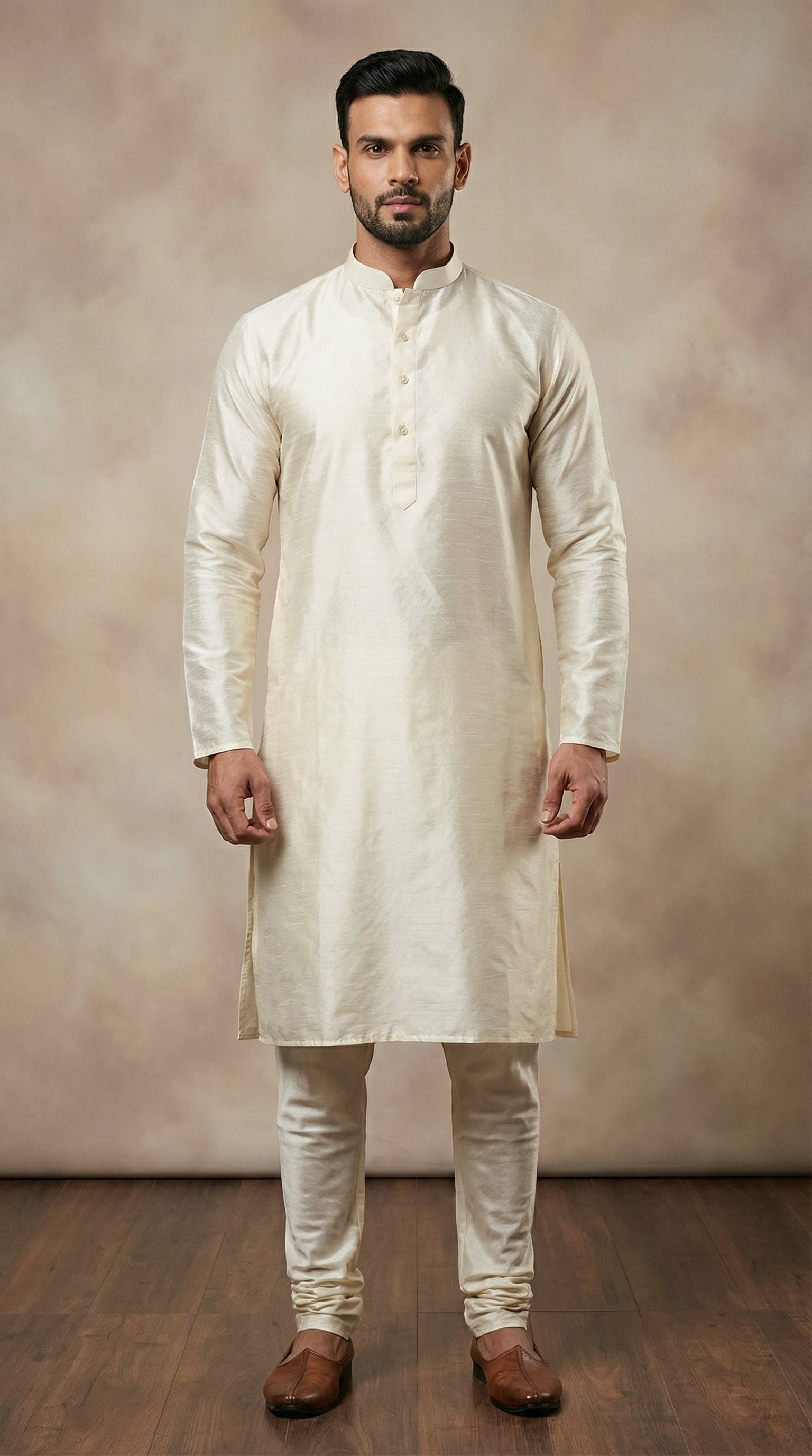 Men's Jacquard Cream Kurta Set