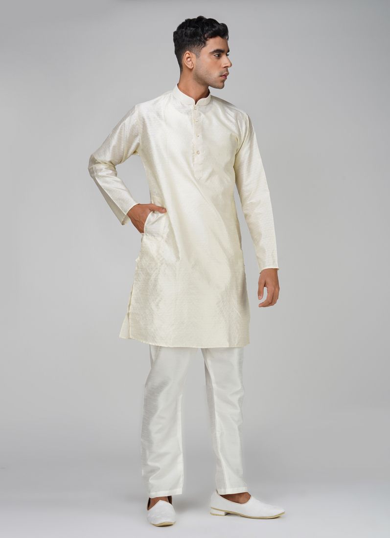 Men's Jacquard Cream Kurta Set