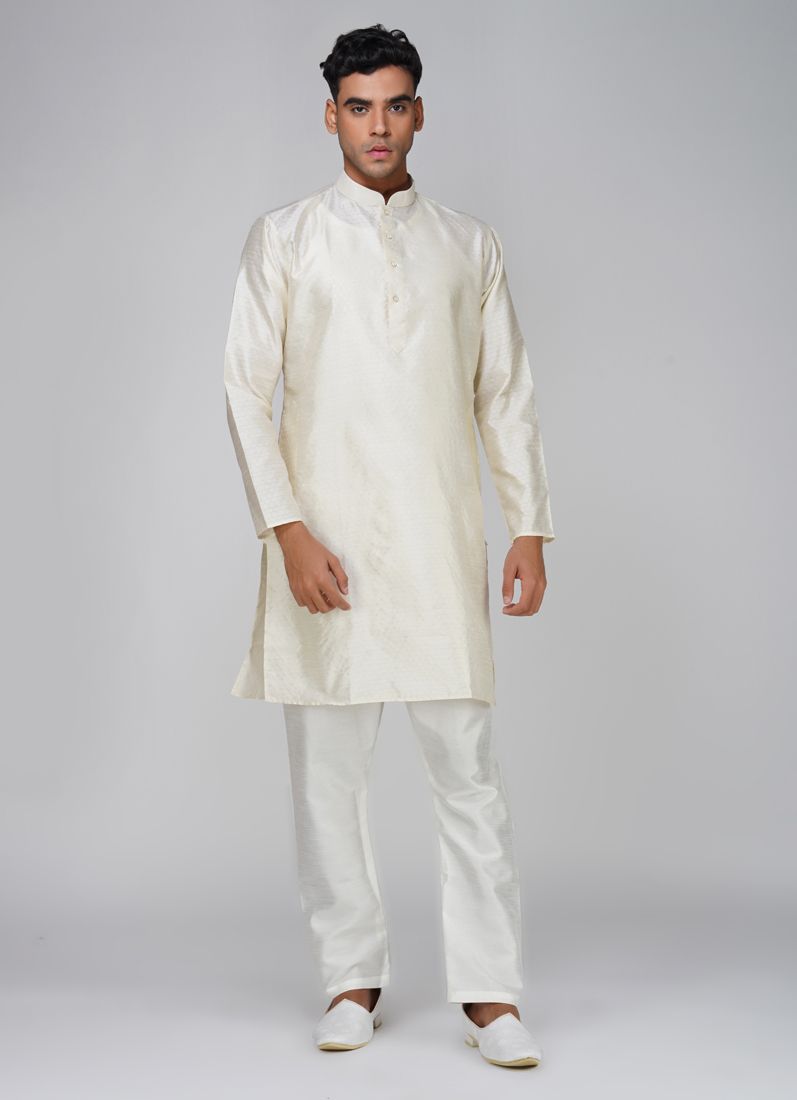 Men's Jacquard Cream Kurta Set
