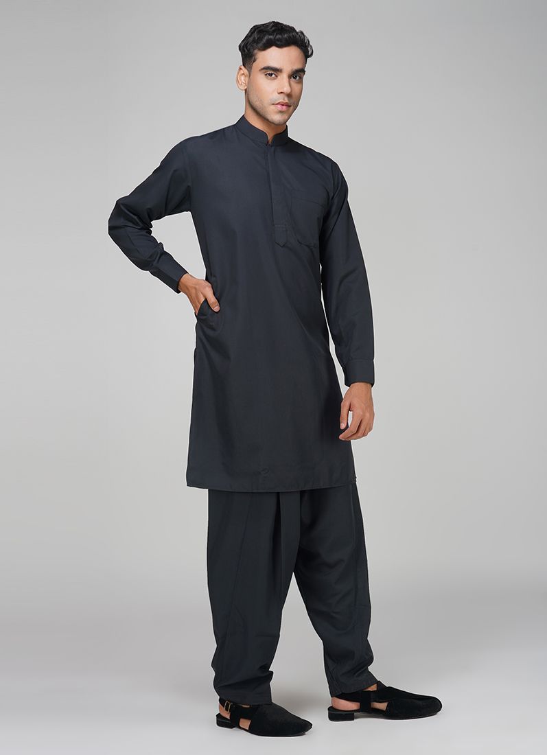 Buy Men's Black Polyester Salwar Kurta Set