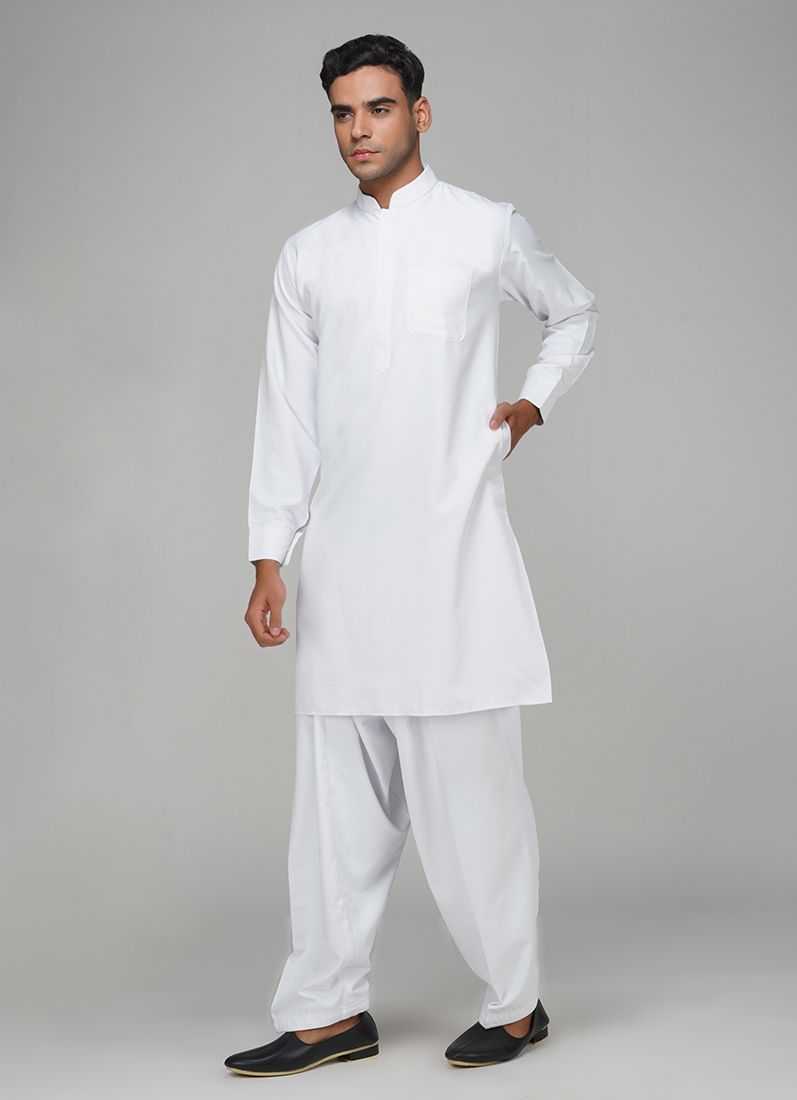 Men's White Polyester Salwar Kurta Set
