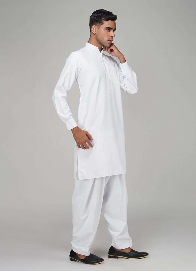 Men's White Polyester Salwar Kurta Set