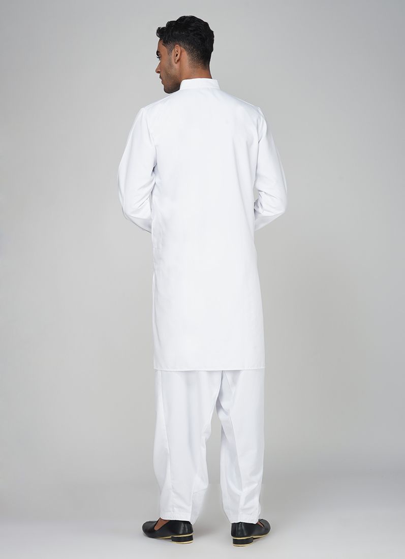 Men's White Polyester Salwar Kurta Set