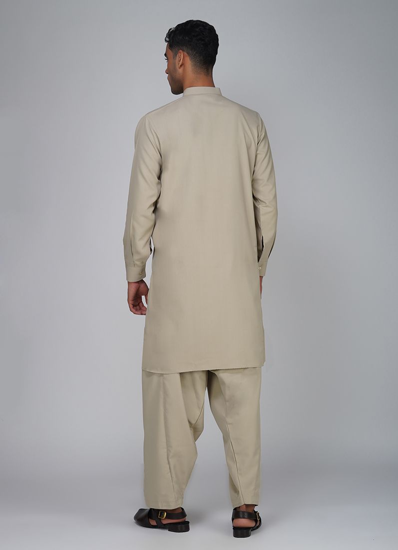 Men's Beige Polyester Salwar Kurta Set