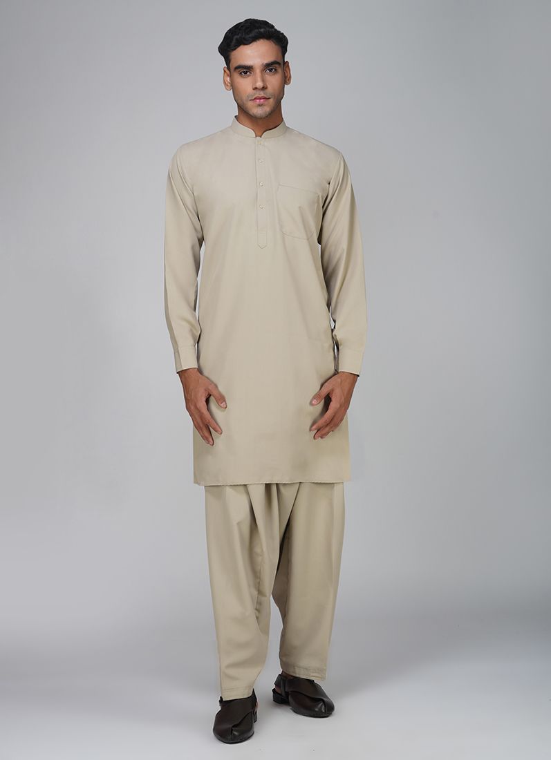 Men's Beige Polyester Salwar Kurta Set