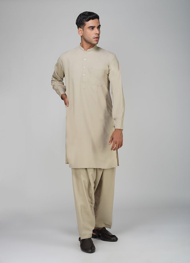 Men's Beige Polyester Salwar Kurta Set