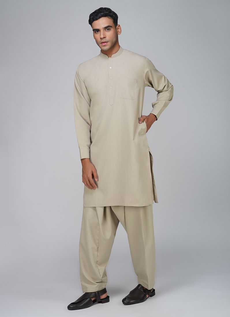 Men's Beige Polyester Salwar Kurta Set