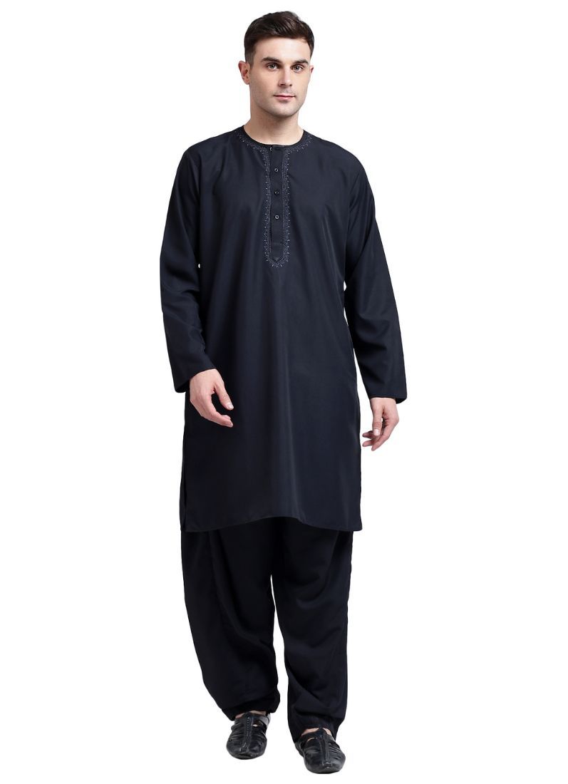 Buy Men's Black Polyester Embroidered Kurta Set