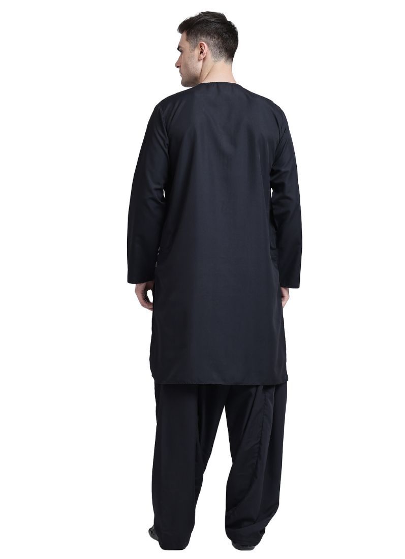 Buy Men's Black Polyester Embroidered Kurta Set