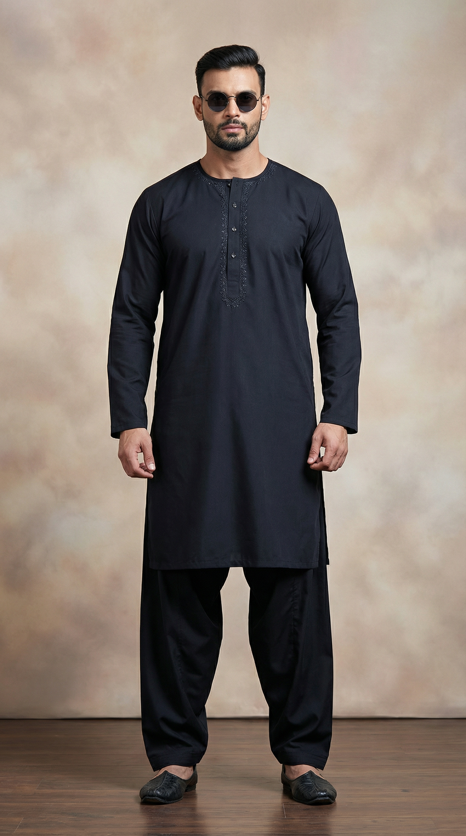 Men's Black Polyester Embroidered Kurta Set