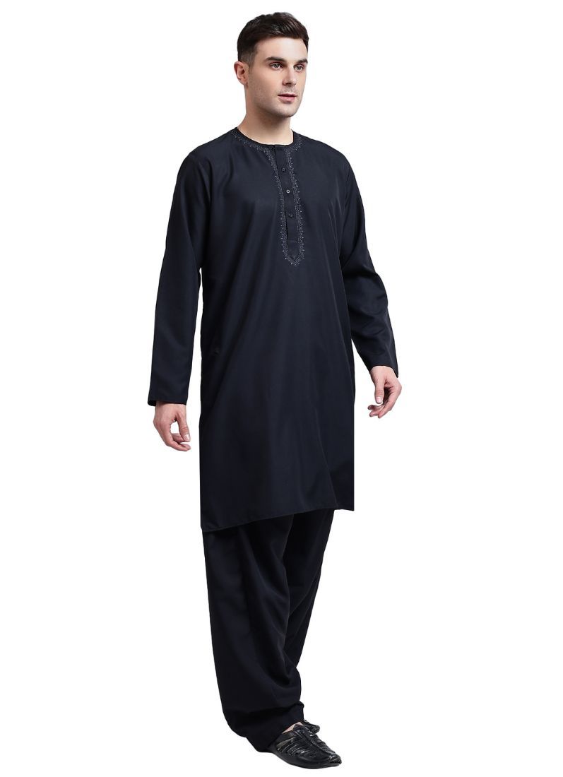 Buy Men's Black Polyester Embroidered Kurta Set