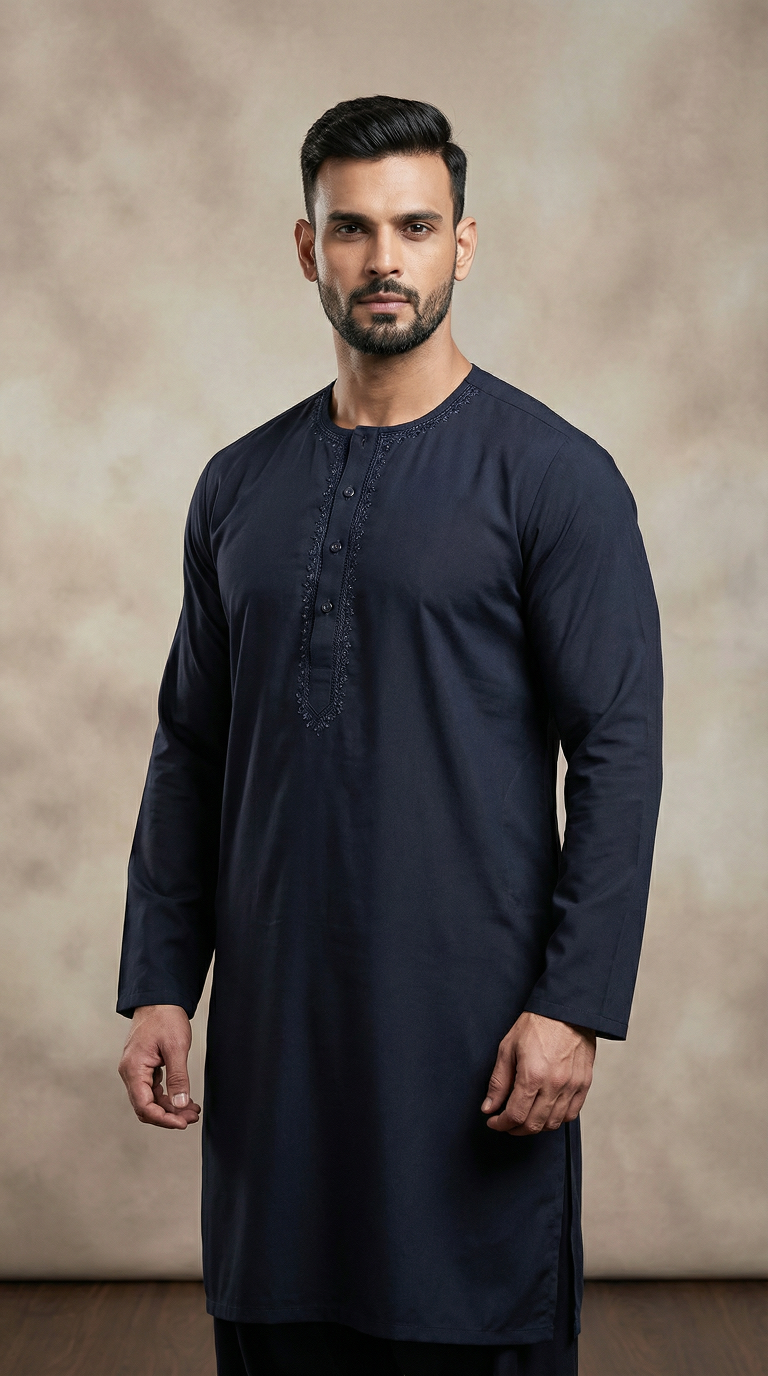 Men's Black Polyester Embroidered Kurta Set