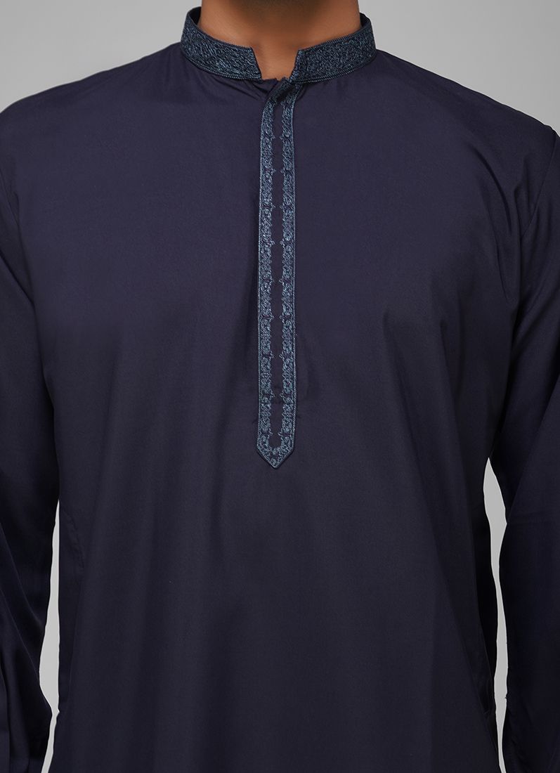 Buy Men's Navy Blue Polyester Embroidered Kurta Set