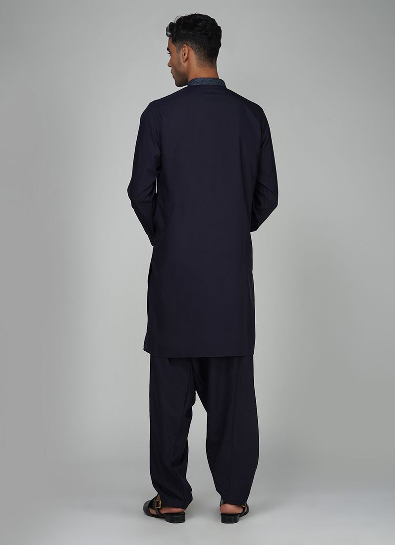 Buy Men's Navy Blue Polyester Embroidered Kurta Set